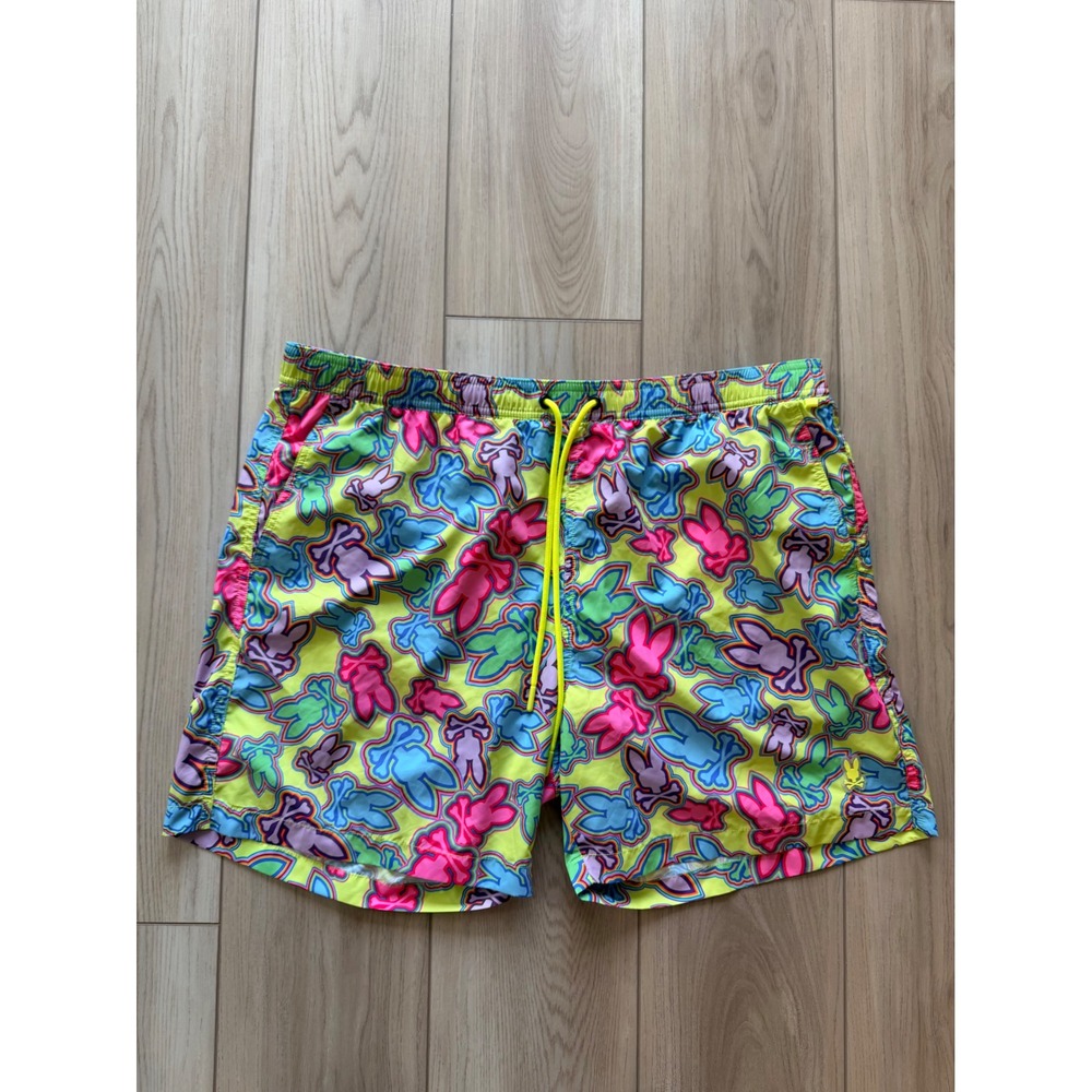 Psycho Bunny Swim Trunks Men XXL Yellow Neon All Over Logo Print Shorts